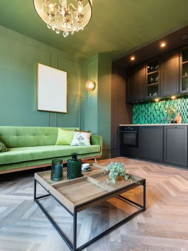 Kitchen and living space with green panelling and herringbone flooring